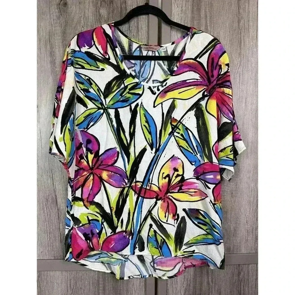 Jams World Top Sz XS Dali Floral Print Short Sleeves Scoop Neckline - Picture 1 of 9